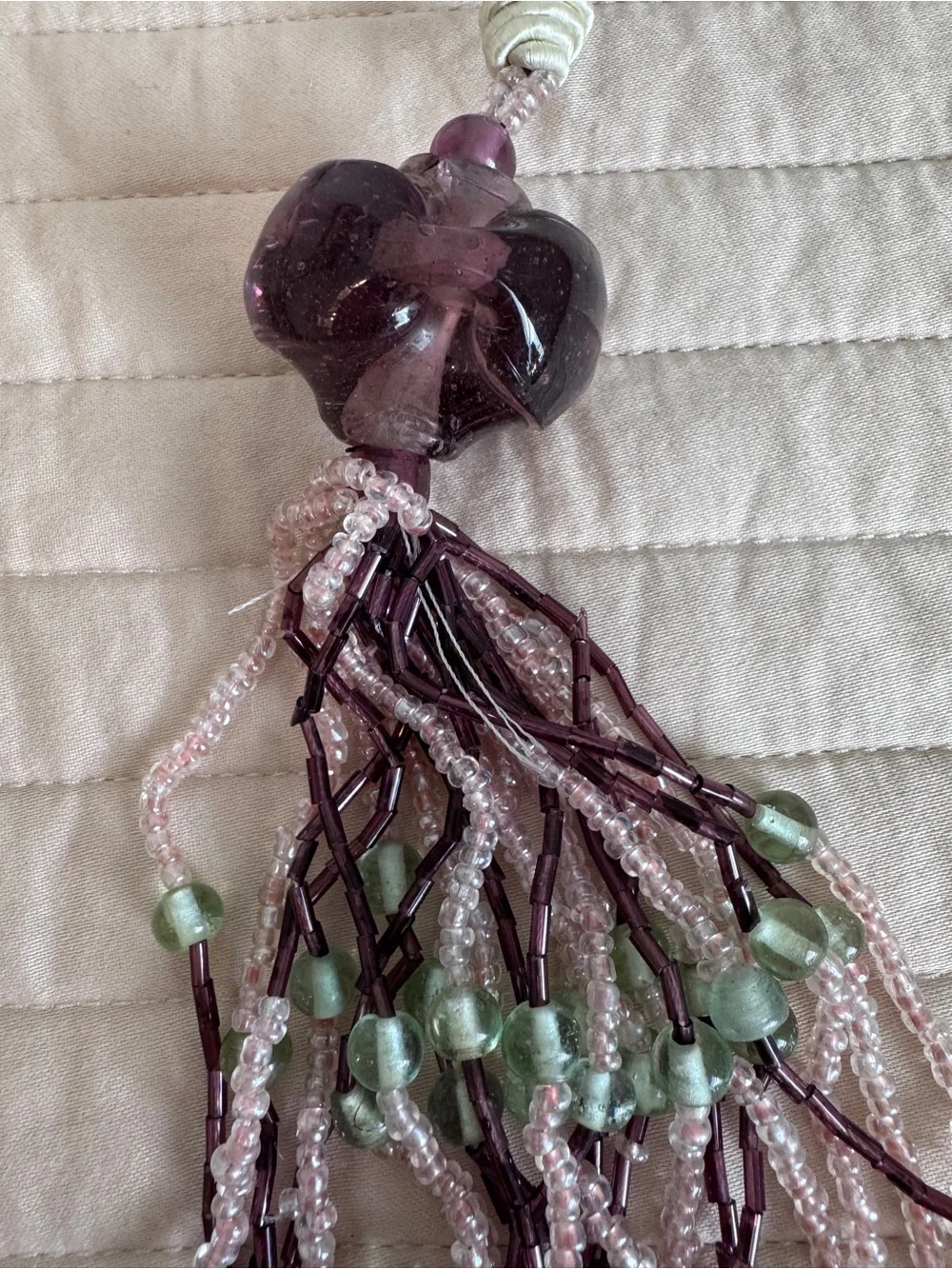 Vintage Beaded Tassel in Purple and Green - 11” drop and 29” tie back